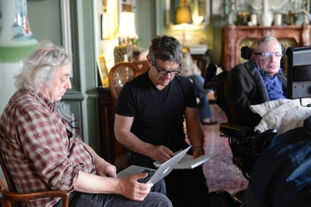 Malcolm J. Perry, Andrew Strominger, and Stephen Hawking at the Great Brampton House in Herefordshire, U.K.