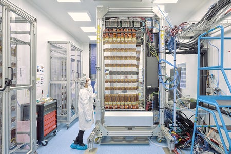 A detector of the LHCb experiment under construction.