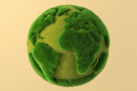 Digitally generated green Earth covered entirely with grass and moss