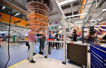 Dr. Erik Lucero, Lead Engineer of Google Quantum AI, leads media on a tour of the Quantum Computing Lab at the Quantum AI campus in Goleta, California.