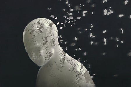 Human in form of sculpture, disintegrating, surreal