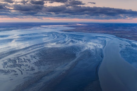 Aerial view of the mouth of the Kvichak River, Bristol Bay, Southwestern Alaska