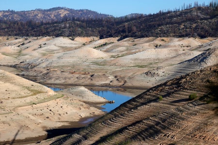 Lake Oroville in Oroville, California, with very low levels of water.