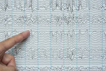 Index finger pointing at imaging of human brain waves from electroencephalography or EEG.