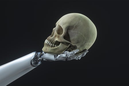 Robot hand holding human skull