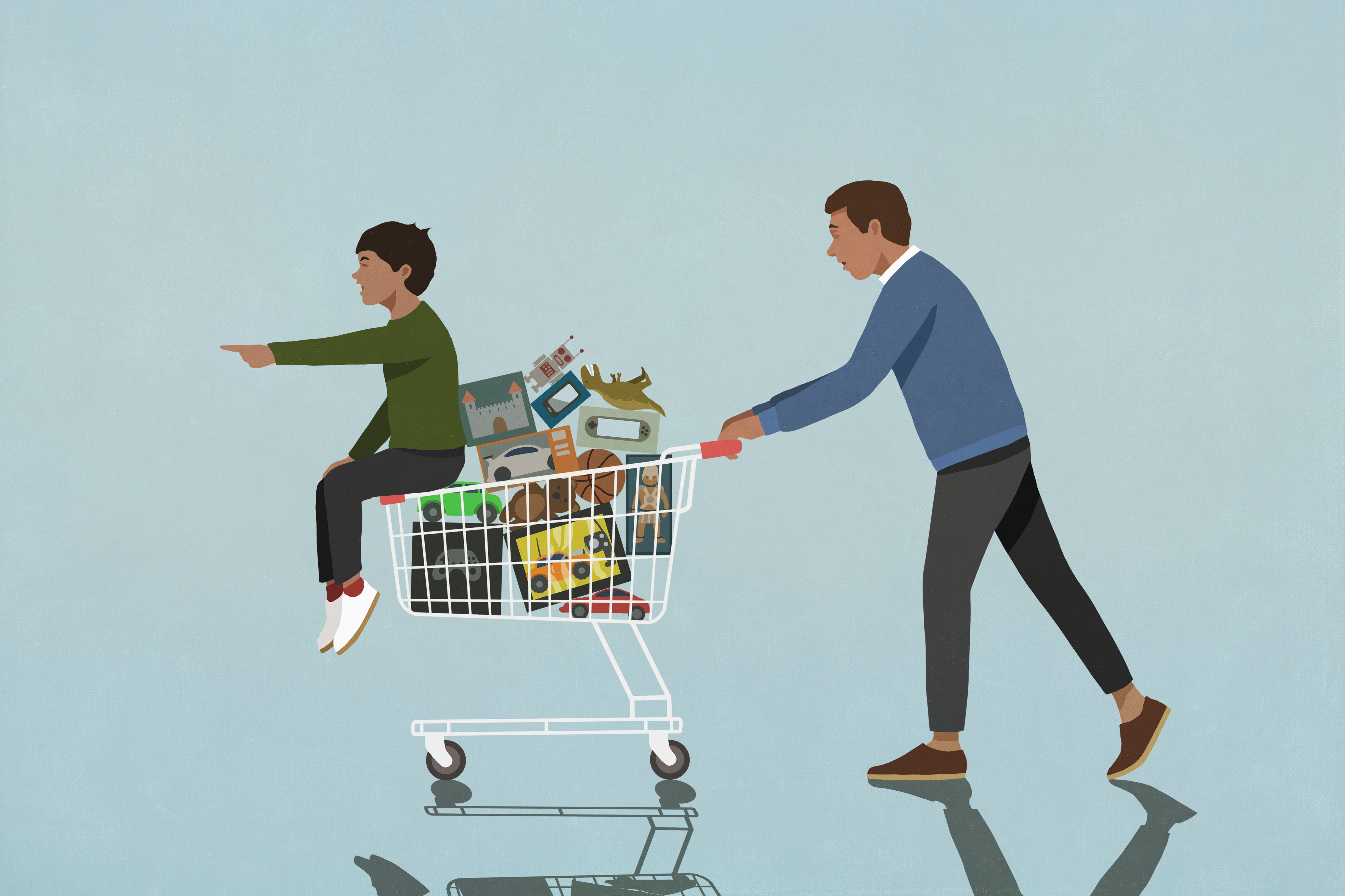 Father pushing shopping cart with son and toys as child points ahead