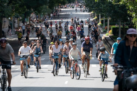 Lots of bikers approaching on Park Avenue which is closed to cars for the day.