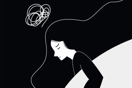 Simple black and white vector illustration depicting a woman in bed, eyes closed, sleeping, with a white line scribble above her head