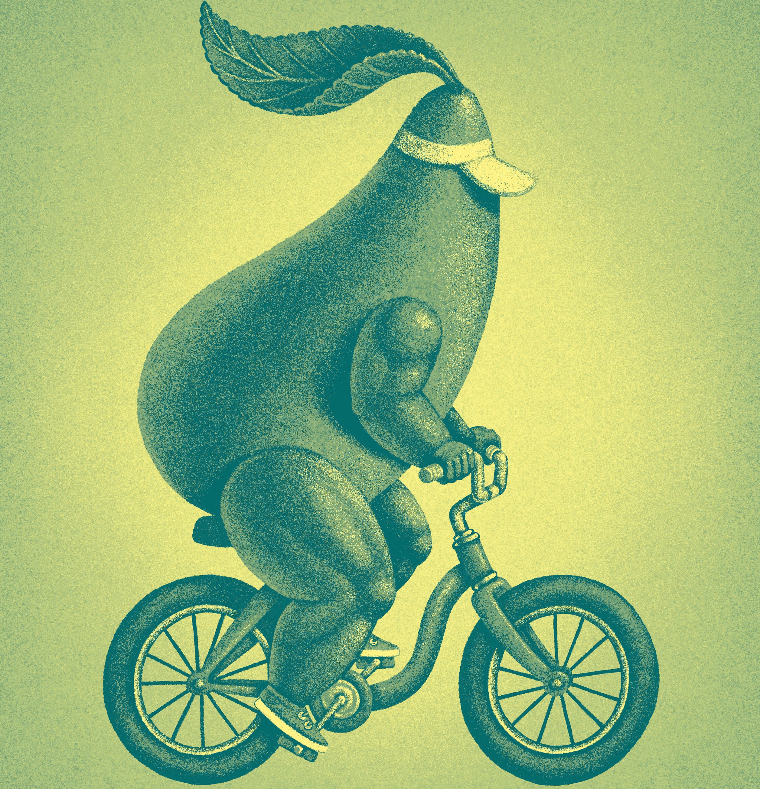 Illustration of a pear riding a bike against a green background.