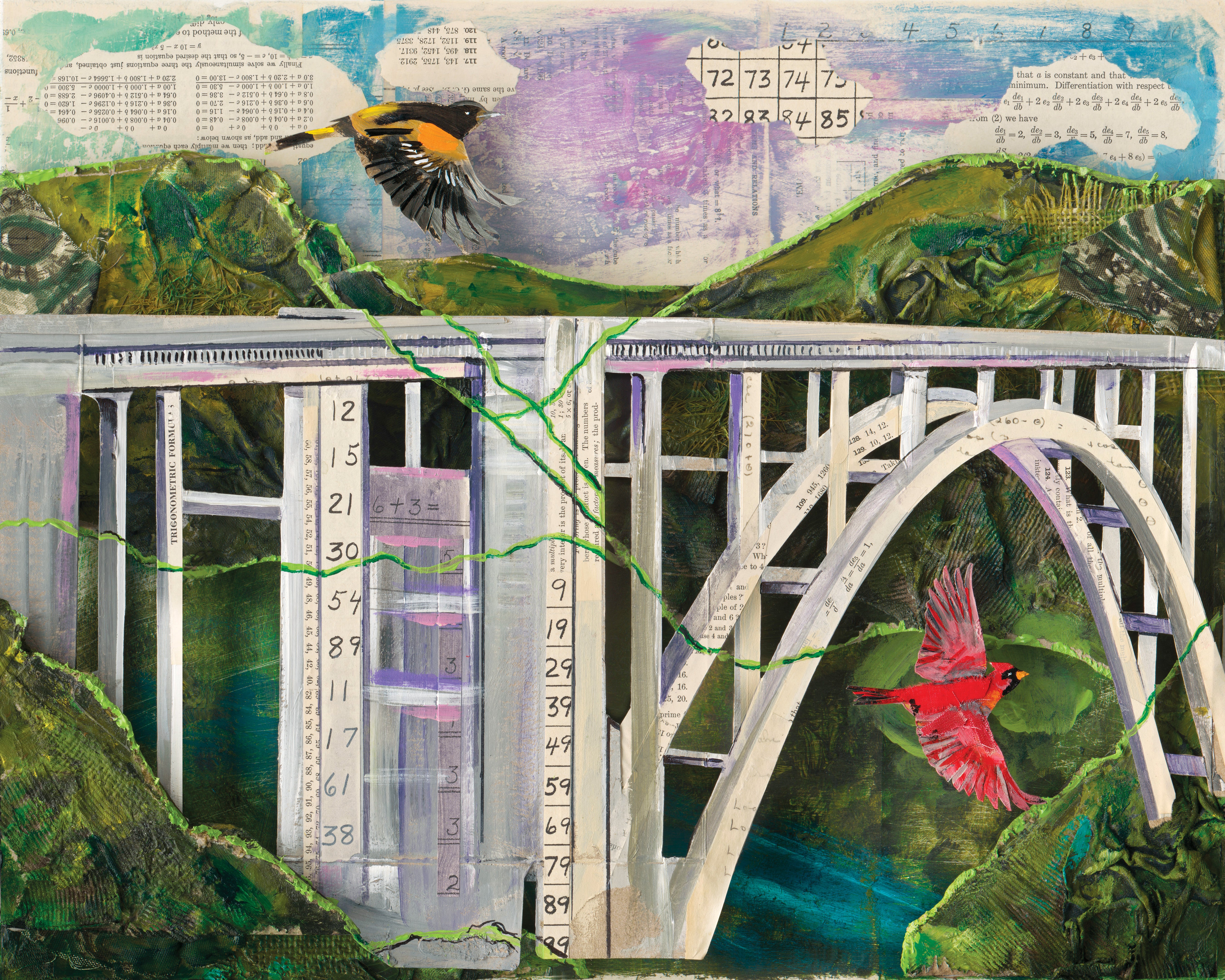 Illustration of paper mache background with birds, a bridge and mathematical formulas