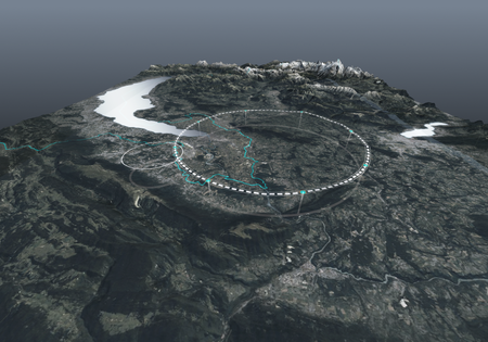 Aerial view with two intersecting circles pinpointing the locations of the FCC  and the Large Hadron Collider.