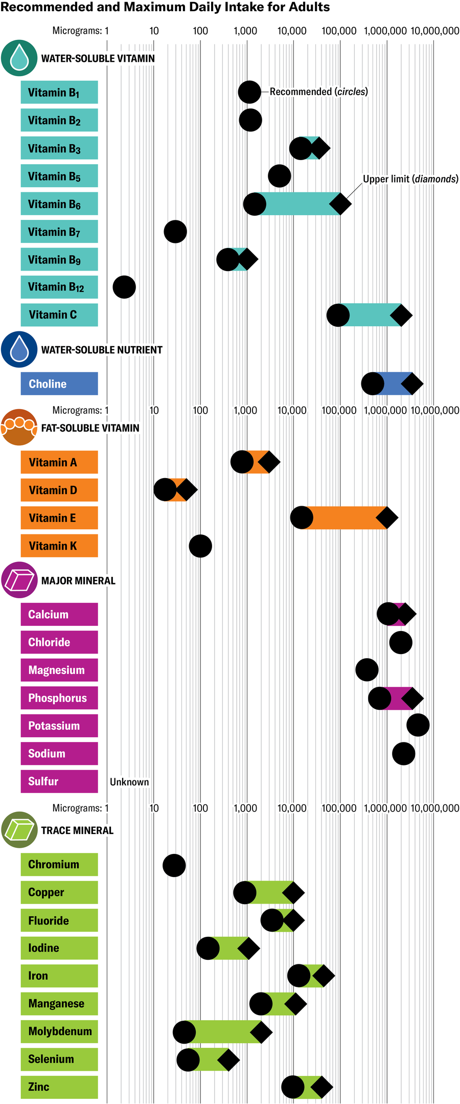 Graphic shows recommended and maximum daily intake of vitamins and minerals for adults. Water-soluble and fat-soluble vitamins have a wide range of recommended doses. Major mineral recommendations are relatively high: Trace mineral recommendations are lower.