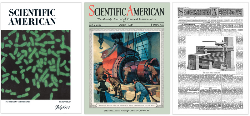 Covers of Scientific American from 1974, 1924 and 1874